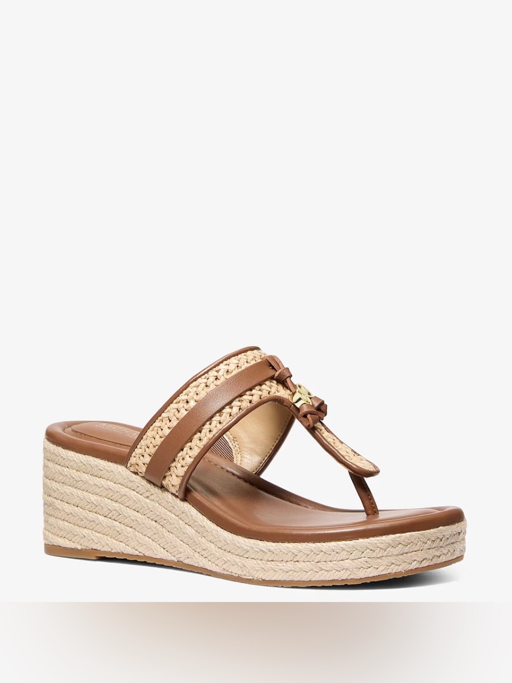 Michael Kors Zoe Wedge Sandal Brown Leather & Natural Wedge Thong Sandals